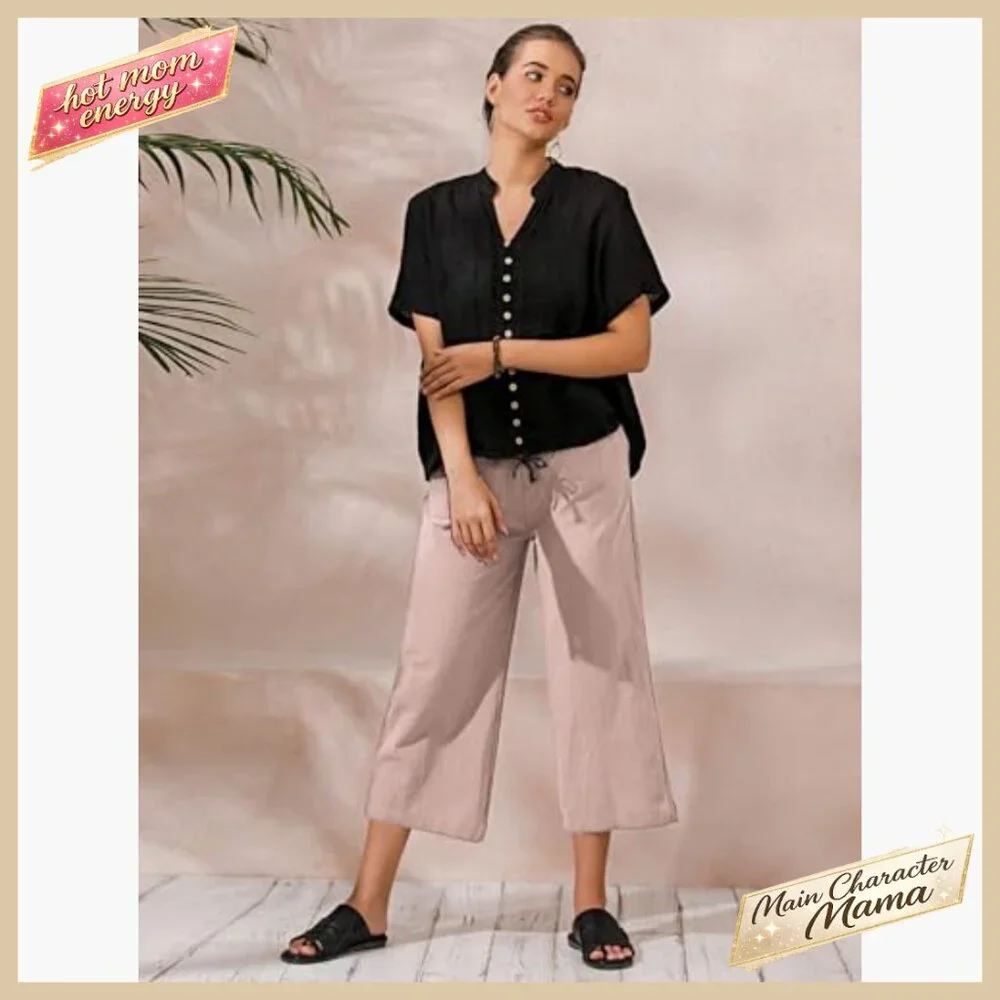 Cotton Cropped Palazzo Pants Loose Fit Wide Leg Casual Elegant Summer - Picture 4 of 7